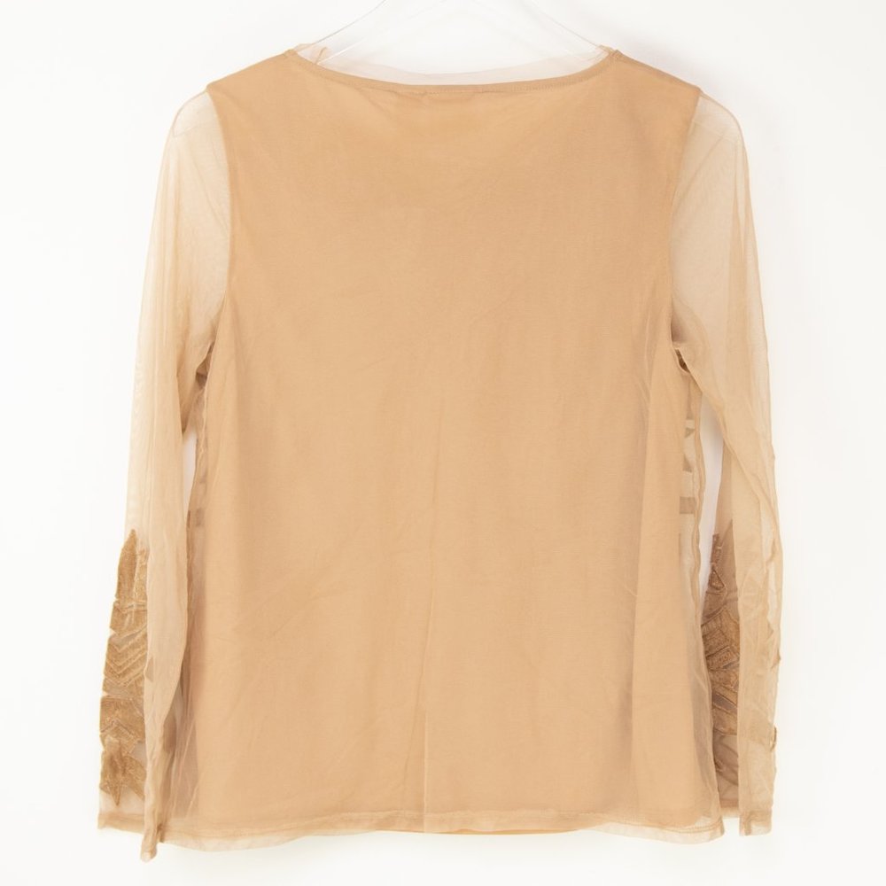 Chico's Pieced Velvet Top Sheer Sleeve Blouse Office Shirt Tan Size 0 Small New - Picture 3 of 8